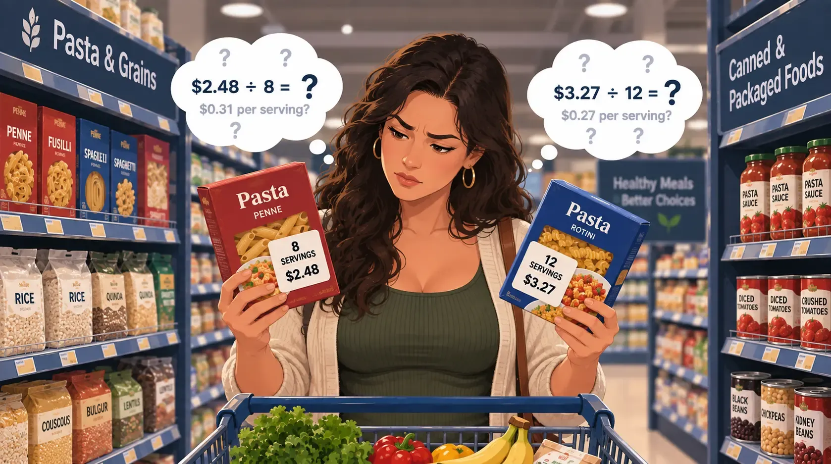 Shopper comparing food products to calculate cost per serving