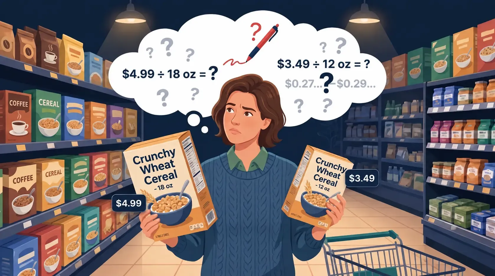 Grocery shopper comparing product prices to calculate unit price