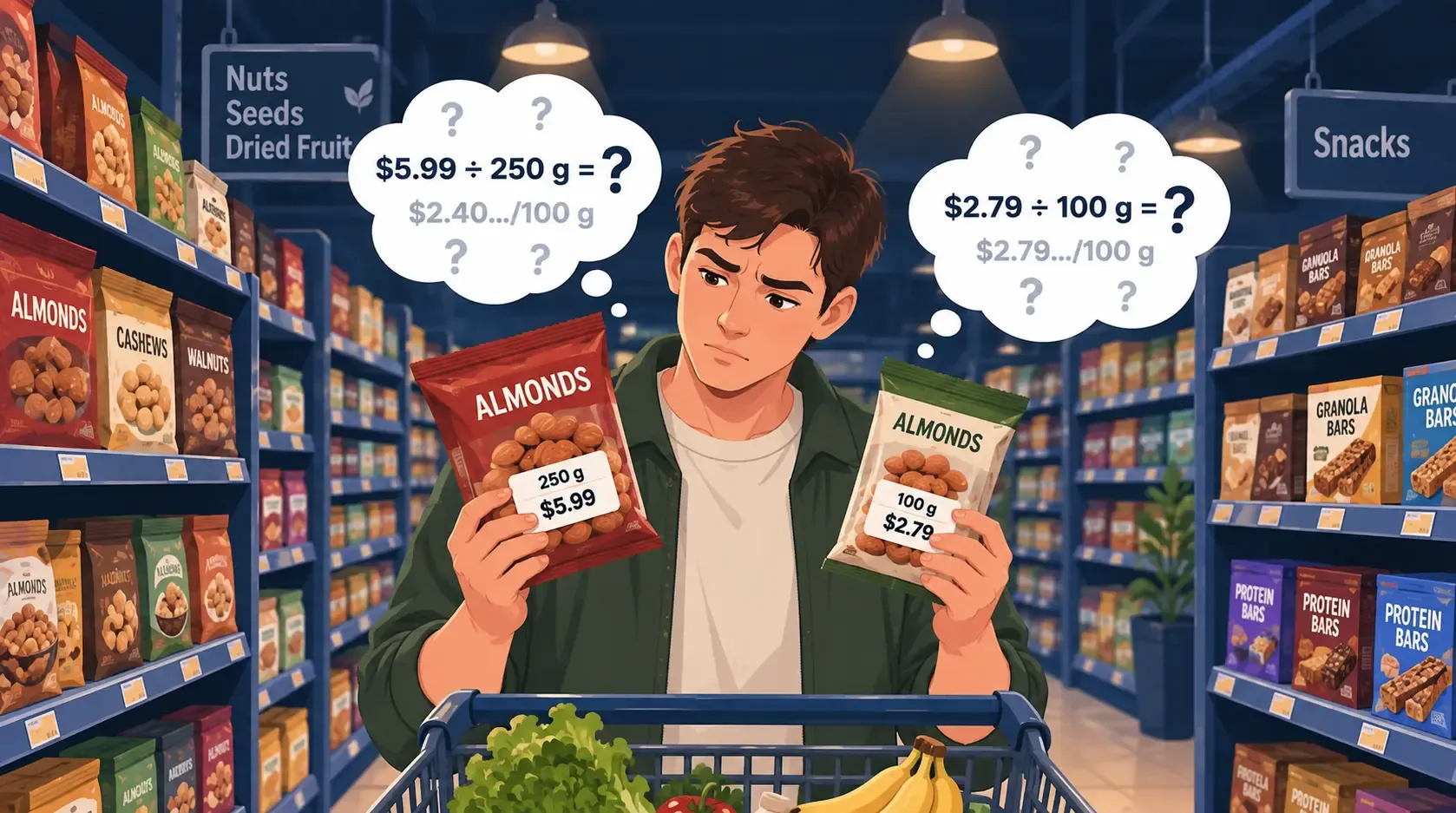 Shopper comparing product prices to calculate price per 100 grams