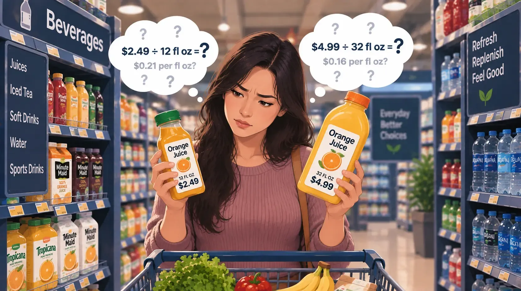 Shopper comparing beverage prices to calculate price per fluid ounce