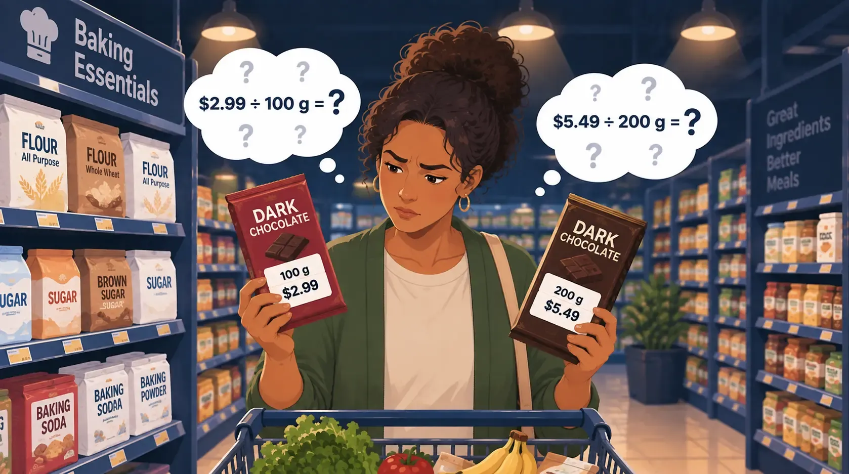 Shopper comparing products to calculate price per gram