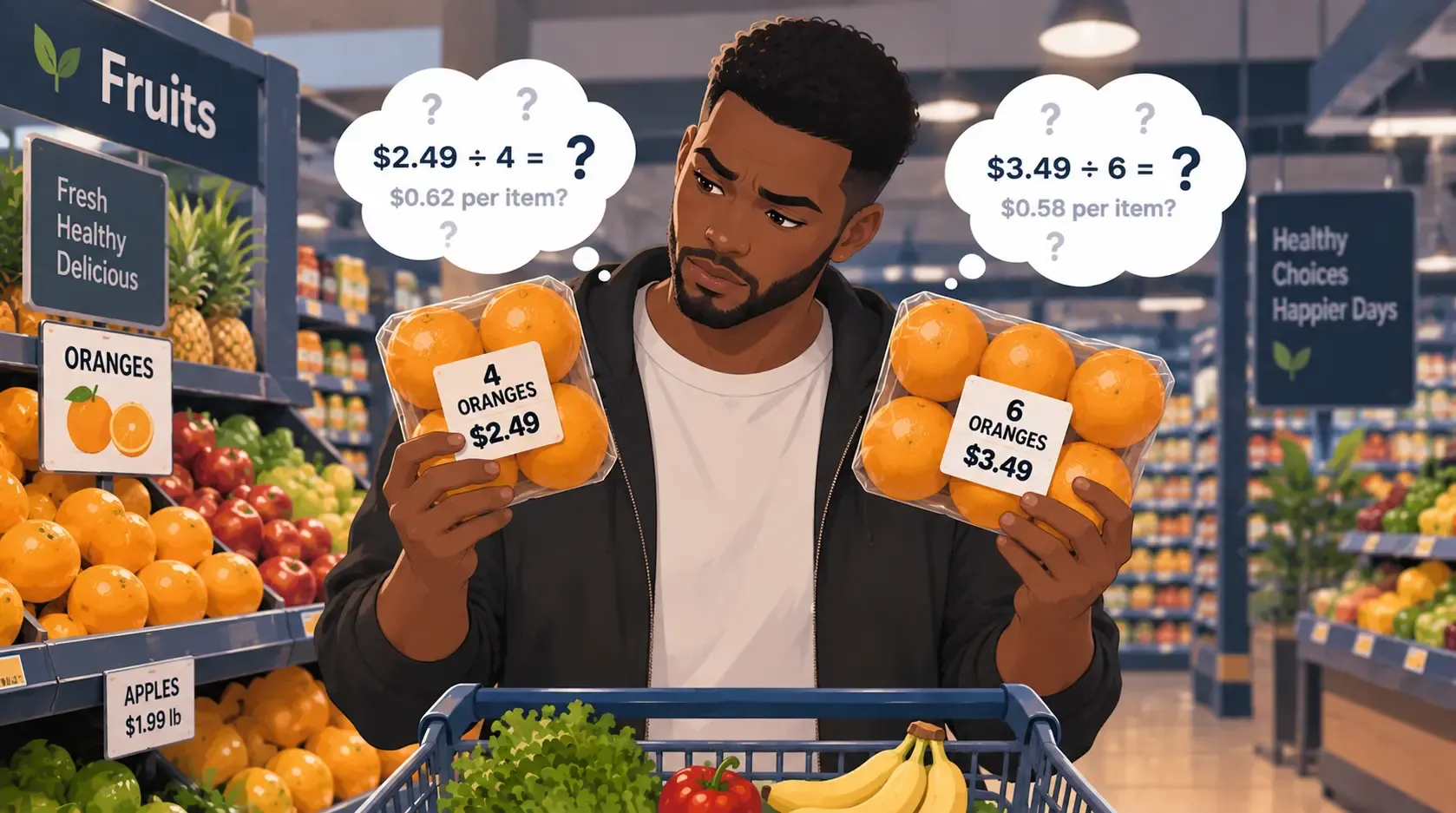 Shopper comparing package sizes to calculate price per item