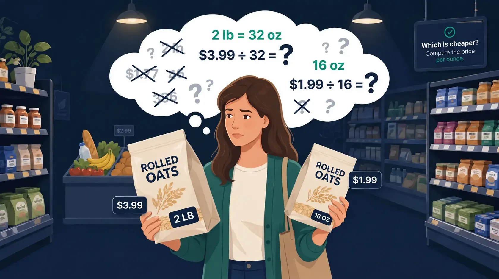 Comparing 2 pound and 16 ounce rolled oats packages to determine price per ounce