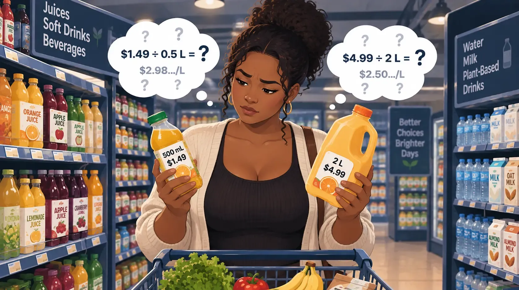 Shopper comparing liquid products to calculate price per liter