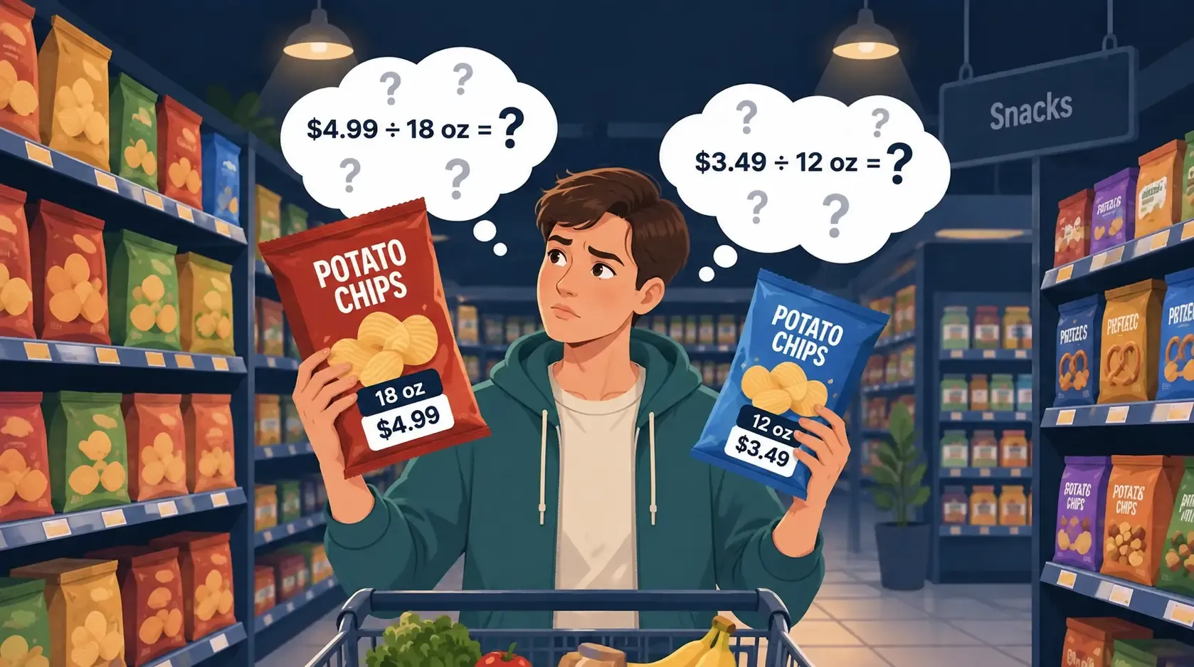 Shopper comparing grocery products to calculate price per ounce
