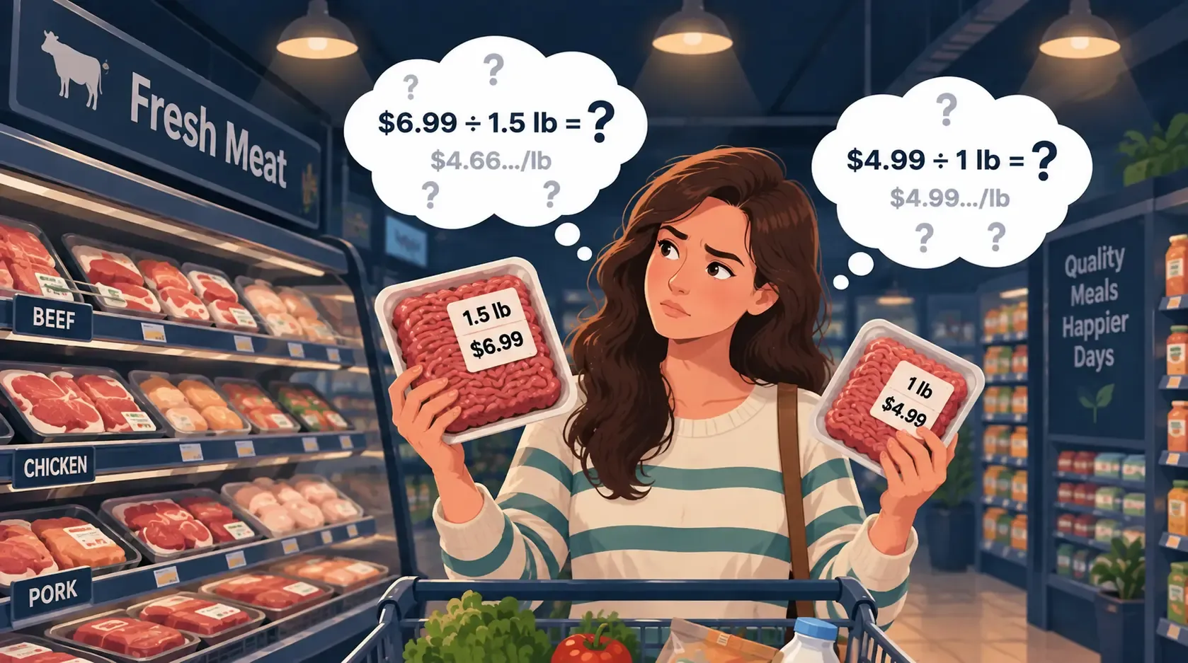 Shopper comparing packaged meat prices to calculate price per pound