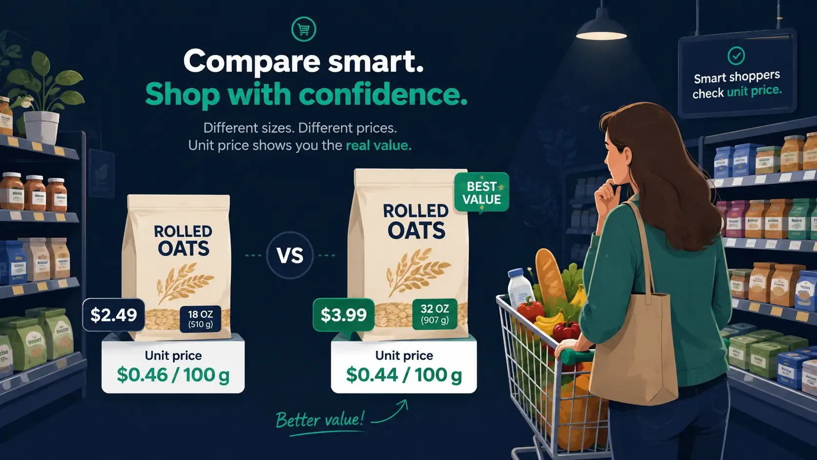 Shopper comparing unit prices of different-size grocery products